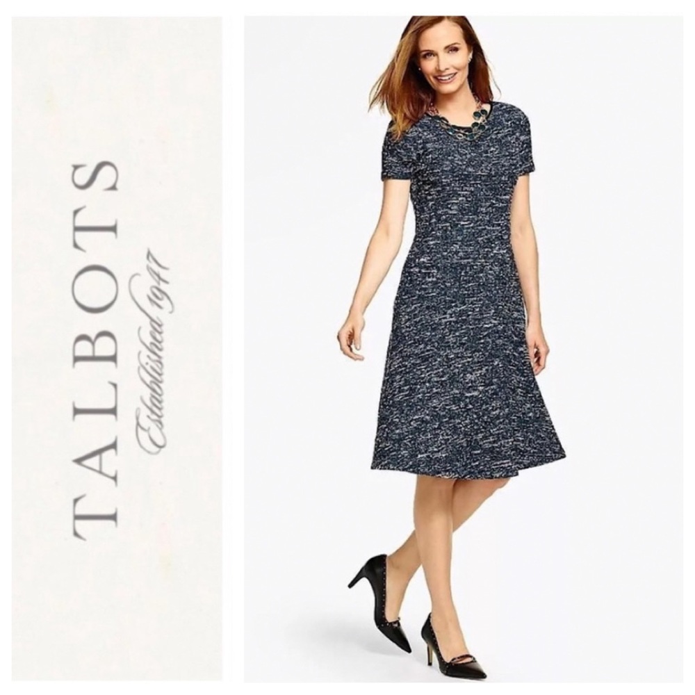 Talbots “Peacock Blue” Tri-Color Tweed Fit & Flare Dress Size 2